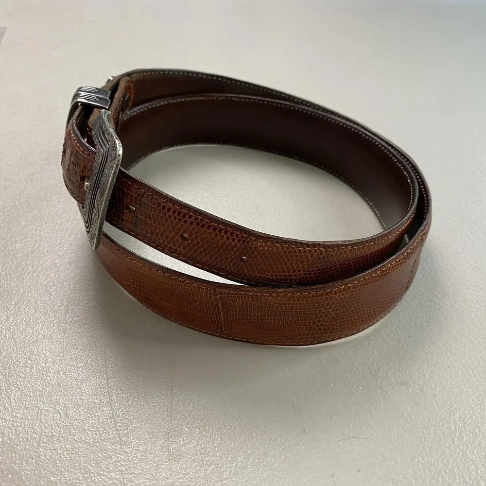 VTG Chacon Sterling Silver Genuine Lizard Belt Brown Mens 39 Fits 38 39 40 41 42